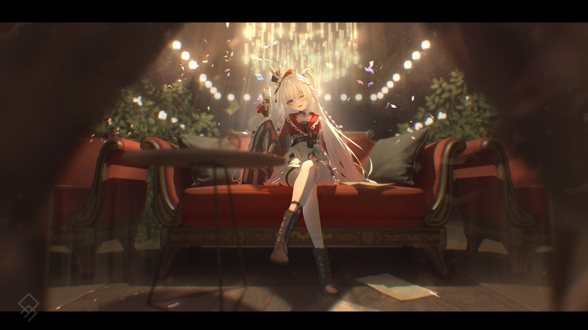 1girl, ;), absurdres, black_boots, boots, capelet, chandelier, commentary_request