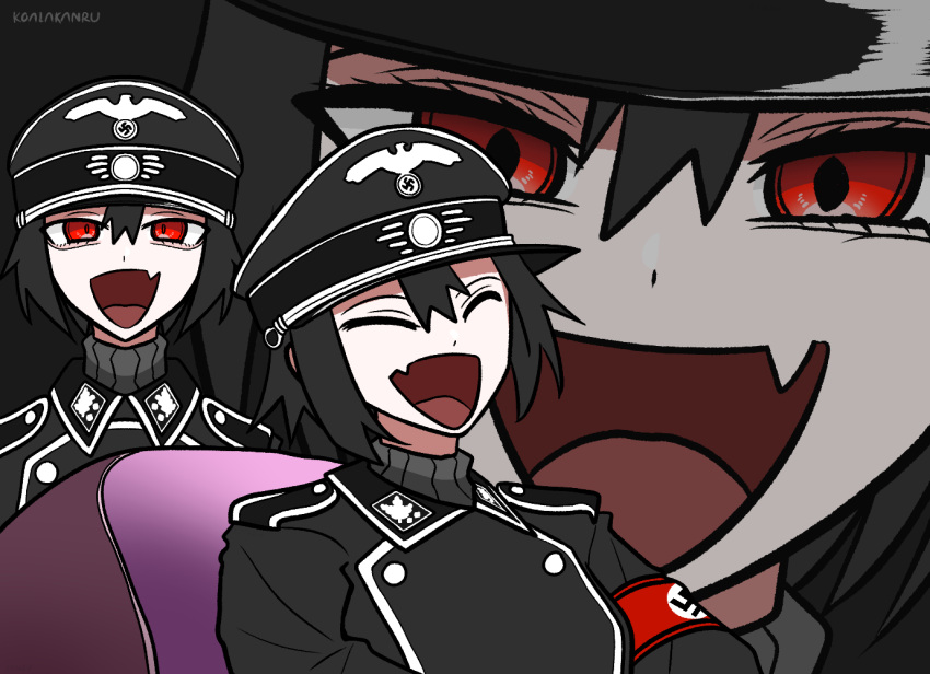 1girl, :d, black_hair, hair_between_eyes, hat, koalakanru, laughing, laughing_tom_cruise_(meme)