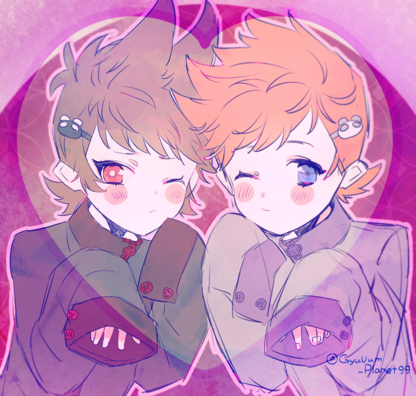 2boys, alternate_costume, androgynous, animification, antenna_hair, bear_hair_ornament, bishounen, blue_eyes