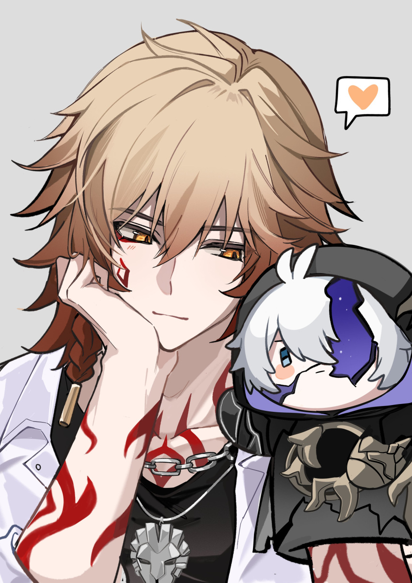 1boy, absurdres, alternate_costume, arm_tattoo, black_shirt, blonde_hair, braid, chain