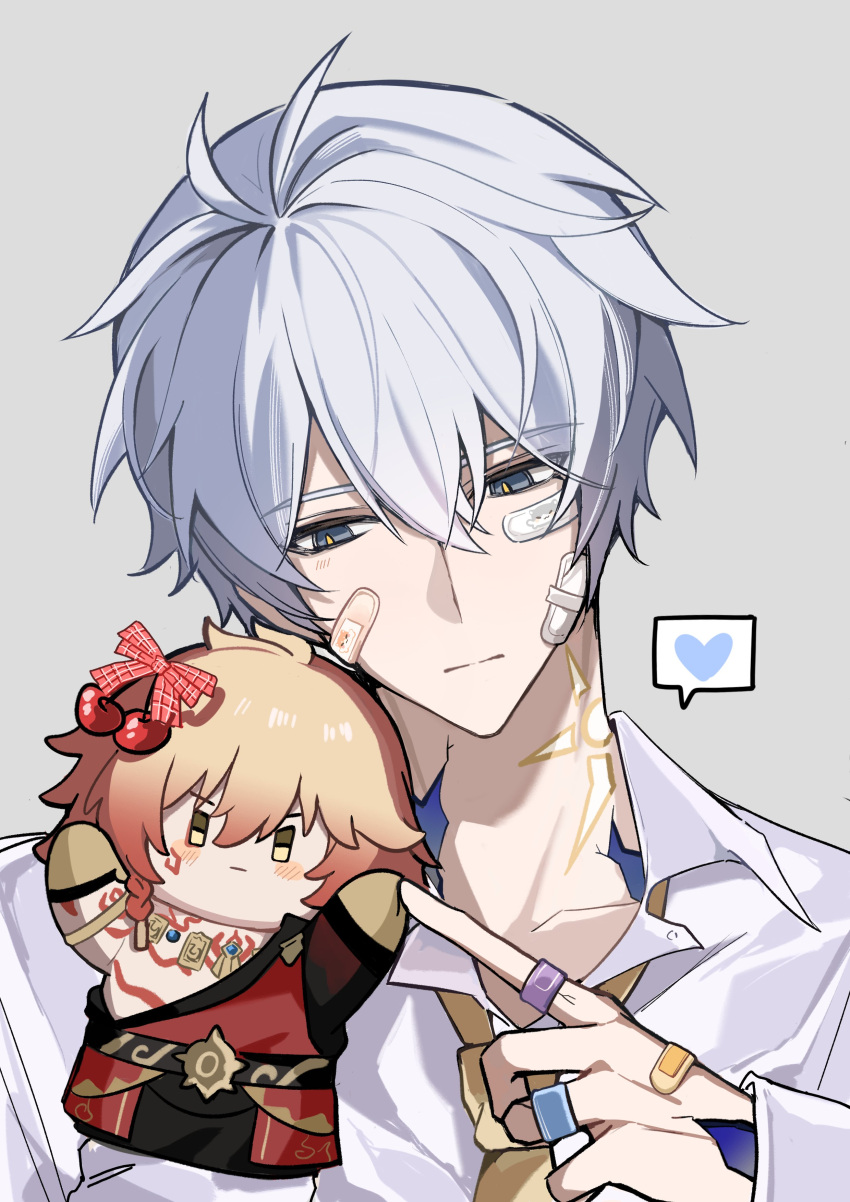 1boy, absurdres, antenna_hair, bandaid, bandaid_on_face, bandaid_on_hand, blue_eyes, collared_shirt, cracked_skin, flame_reaver_of_the_deepest_dark, goldenpenguin96, grey_background, hand_puppet, hashtag-only_commentary, heart, highres, honkai:_star_rail, honkai_(series), male_focus, mydei_(honkai:_star_rail), neck_tattoo, necktie, parted_bangs, phainon_(honkai:_star_rail), puppet, shirt, short_hair, solo, spoken_heart, sun_symbol, sun_tattoo, tattoo, white_hair, white_shirt, yellow_necktie