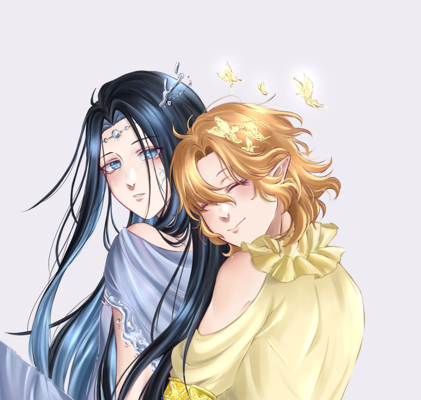 2others, ^_^, androgynous, arionus_(shining_nikki), bare_arms, bare_shoulders, black_hair, blue_background, blue_dress, blue_eyes, blue_hair, brown_hair, bug, butterfly, butterfly_on_head, circlet, closed_eyes, closed_mouth, clothing_cutout, collared_shirt, colored_inner_hair, commentary, dress, elf, english_commentary, expressionless, eyelashes, eyes_visible_through_hair, frilled_shirt_collar, frills, happy, head_on_another's_shoulder, hephaes_(shining_nikki), highres, hug, hug_from_behind, light_blush, lips, liquid_clothes, liquid_horns, looking_at_viewer, multicolored_hair, multiple_others, nikki_(series), nonoberry22, nostrils, off-shoulder_dress, off_shoulder, other_focus, other_with_other, parted_lips, pointy_ears, puffy_short_sleeves, puffy_sleeves, shining_nikki, shirt, short_hair, short_sleeves, shoulder_cutout, simple_background, small_horns, smile, two-tone_hair, upper_body, water, yellow_butterfly, yellow_shirt