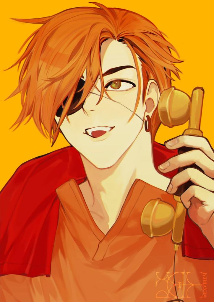 1boy, antique_phone, commentary, d.gray-man, earrings, english_commentary, exvirem, eyepatch, green_eyes, hair_between_eyes, holding, hoop_earrings, jewelry, lavi, male_focus, one_eye_covered, open_mouth, orange_hair, orange_shirt, portrait, shirt, short_hair, smile, solo, talking, talking_on_phone, watermark, yellow_background