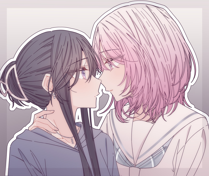 2girls, black_hair, commentary, earrings, eye_contact, gradient_hair, grey_background, grey_shirt