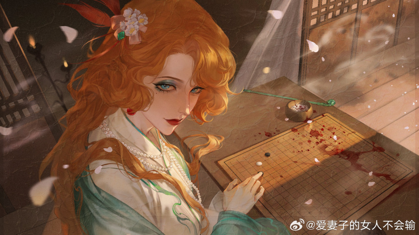 1girl, blood, board_game, chinese_clothes, chinese_commentary, commentary_request, eyeshadow, falling_petals