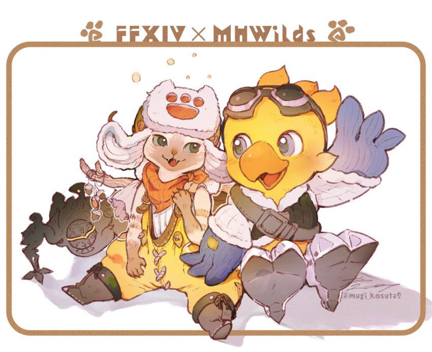 alpha_(ff14), chocobo, commentary, copyright_name, felyne, final_fantasy, final_fantasy_xiv, hat
