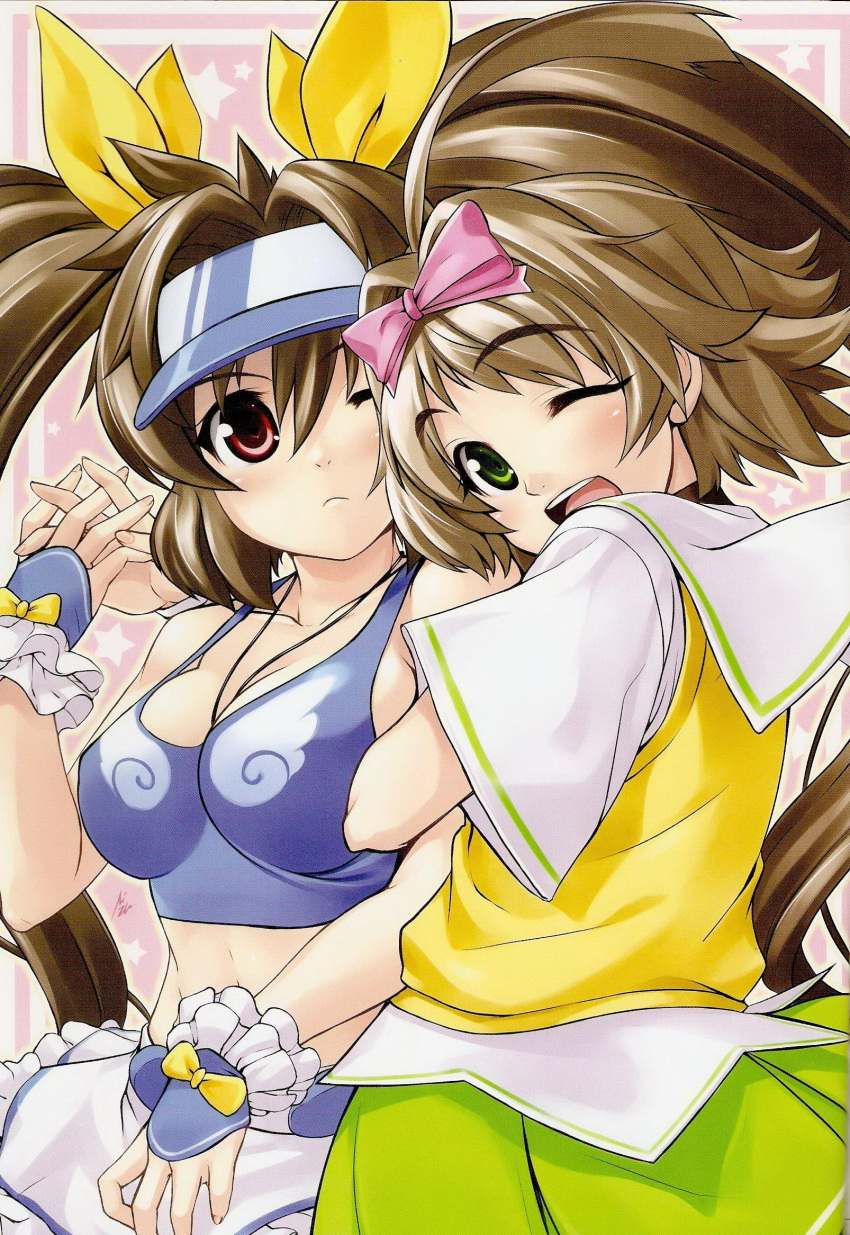 ahoge, arm_hug, bare_shoulders, between_breasts, bow, breasts, brown_hair, cleavage