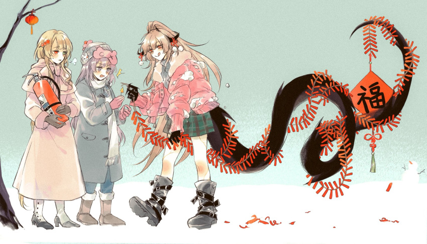 3girls, boots, coat, commentary_request, firecrackers, full_body, hella_(path_to_nowhere), highres