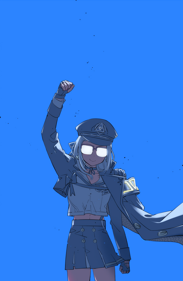 1girl, black_coat, black_hat, black_skirt, blue_background, coat, fist_pump, glasses