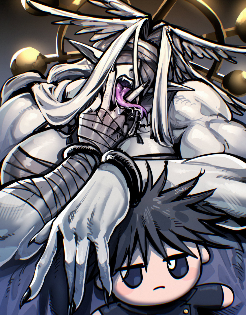 1boy, 1girl, absurdres, arm_on_another's_head, black_hair, black_lips, black_nails, blindfold