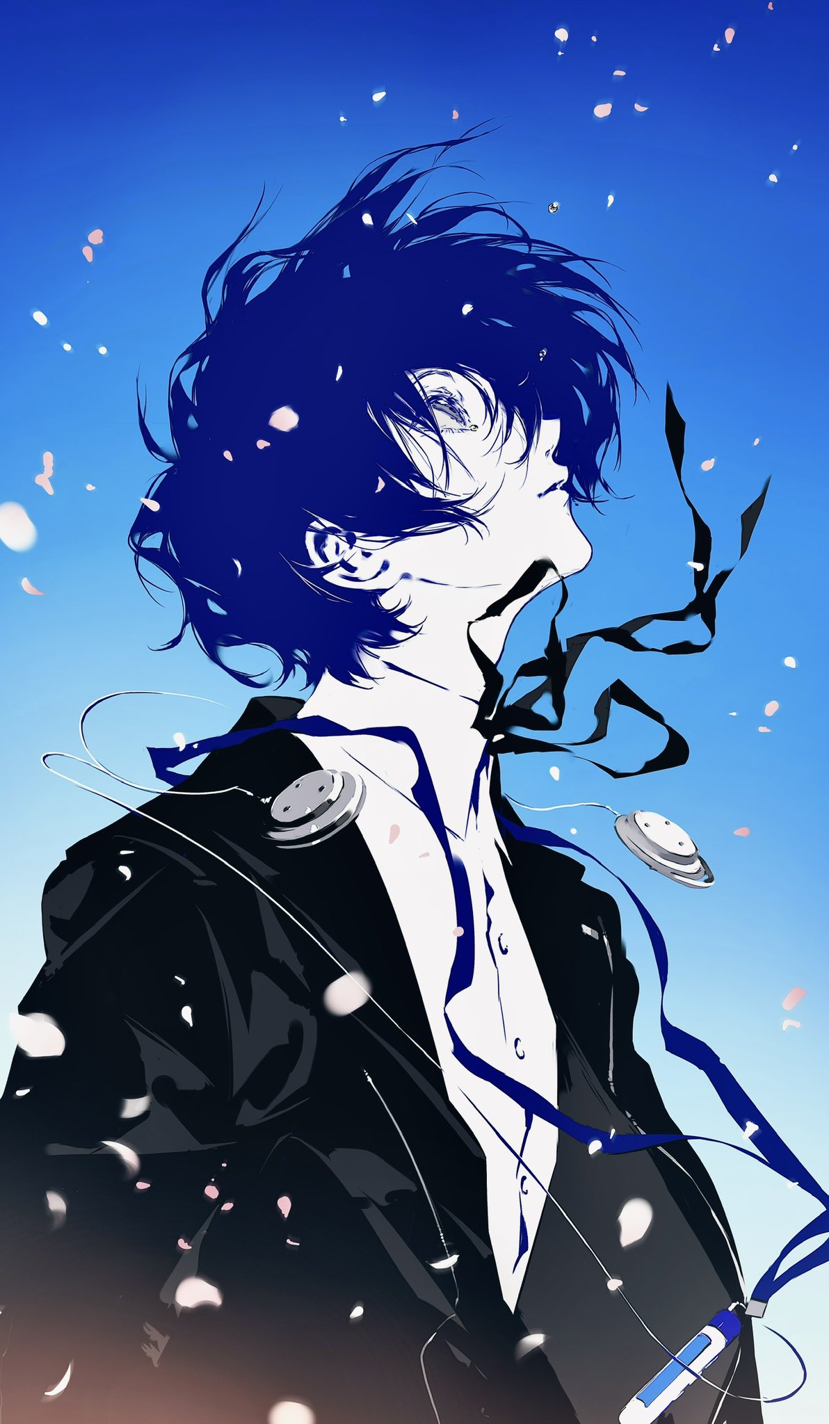 black_jacket, blue_background, cherry_blossoms, commentary_request, digital_walkman, earphones_removed, falling_petals, floating_hair
