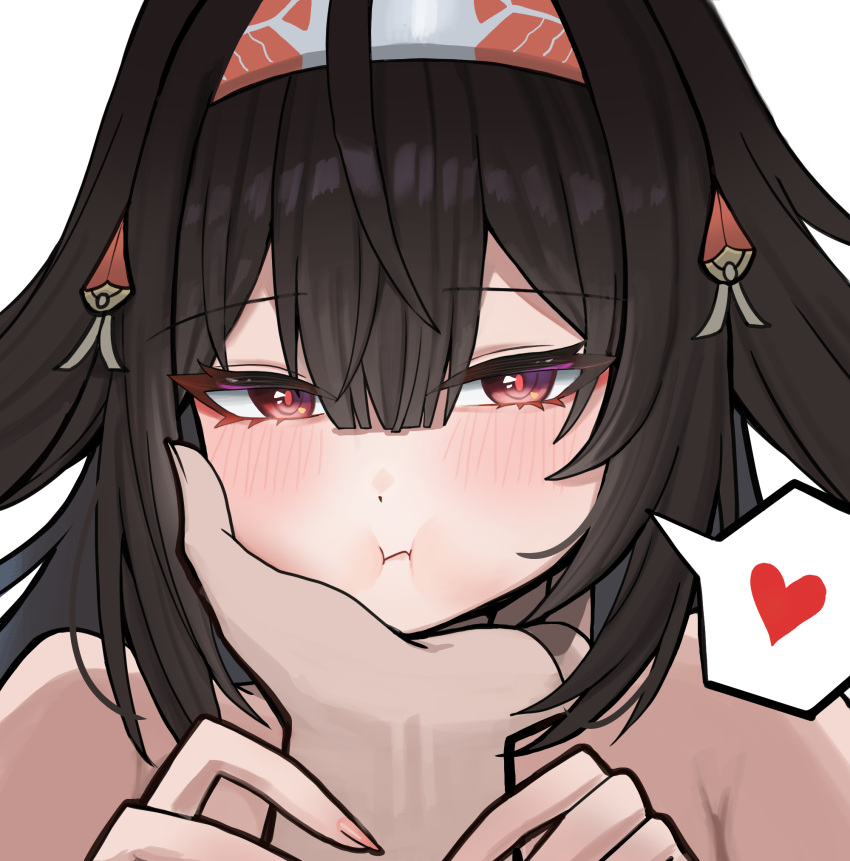 1boy, 1girl, animal_ears, bare_shoulders, blush, brown_hair, caressing_cheek, closed_mouth