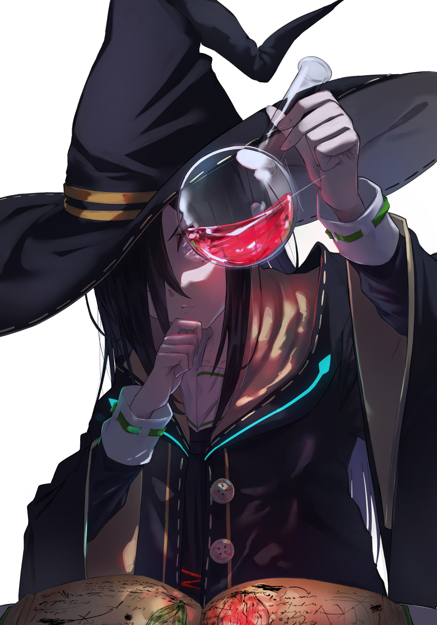 1girl, absurdres, black_hair, book, commentary_request, flask, hand_on_own_chin, hat