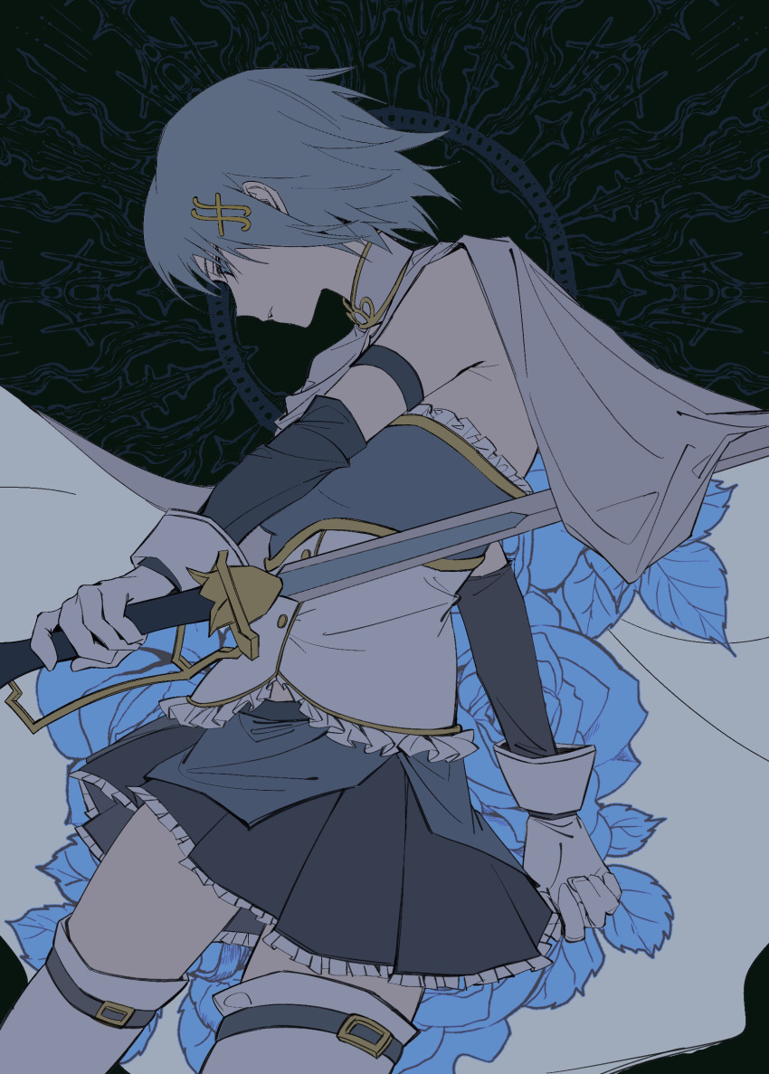 1girl, absurdres, armpit_crease, aynm010330, blue_eyes, blue_hair, blue_leaf, cape