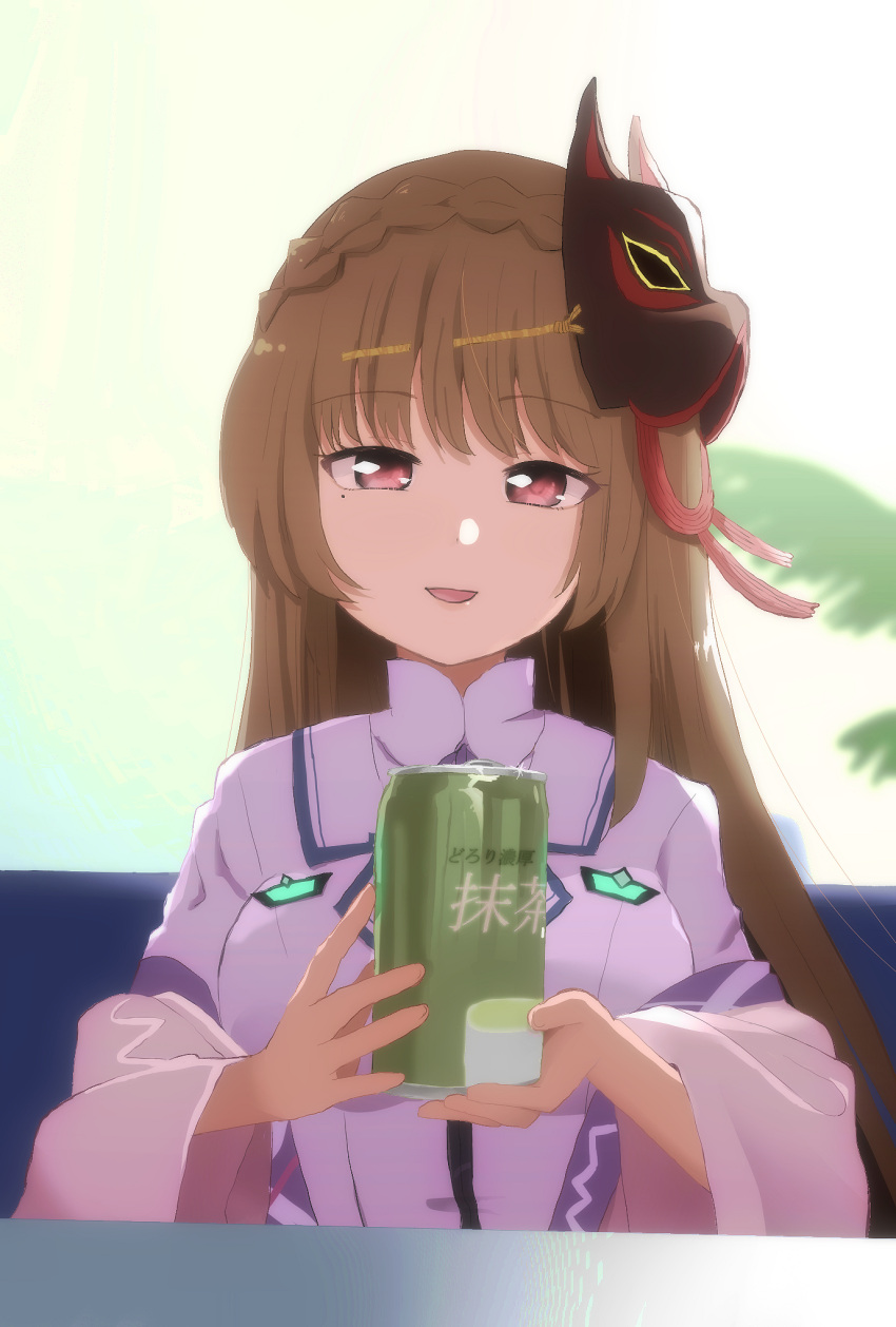 1girl, braid, brown_hair, can, commentary_request, drink_can, fox_mask, heaven_burns_red