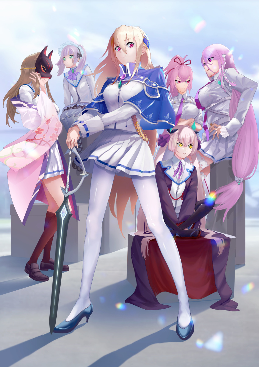 6+girls, absurdres, blonde_hair, blue_capelet, braid, brown_hair, capelet, fox_mask, grey_hair, heaven_burns_red, highres, kiryuu_miya, kura_satomi, long_hair, maid_headdress, mask, multiple_girls, ogasawara_hisame, oldcatbuilding, pantyhose, pink_eyes, pink_hair, school_uniform, shirakawa_yuina, sugawara_chie, sword, team_30g_(heaven_burns_red), tsukishiro_monaka, twintails, violet_eyes, weapon, white_pantyhose, yellow_eyes