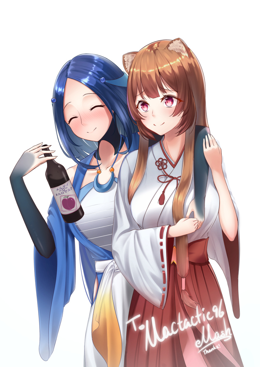 2girls, ^_^, absurdres, alcohol, animal_ear_fluff, animal_ears, arm_around_neck, artist_name