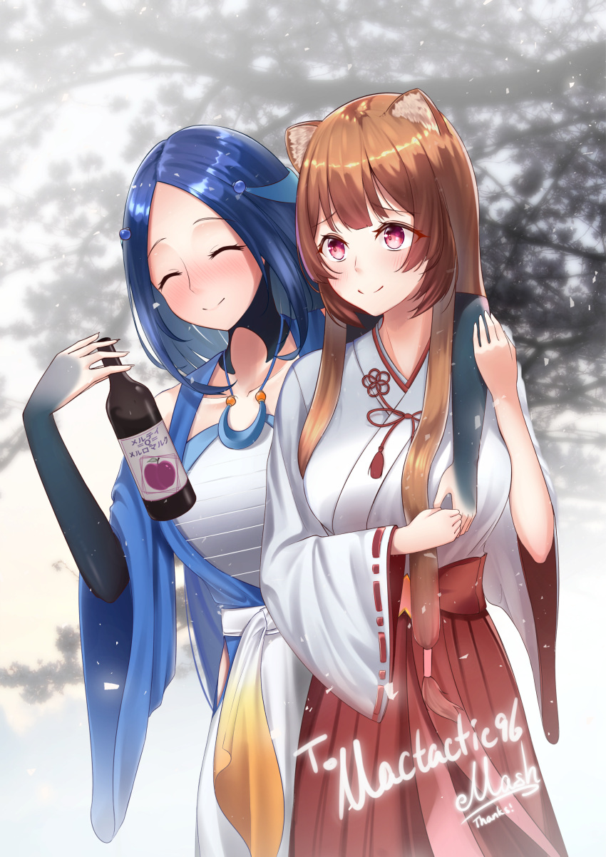 2girls, ^_^, absurdres, alcohol, animal_ear_fluff, animal_ears, arm_around_neck, artist_name