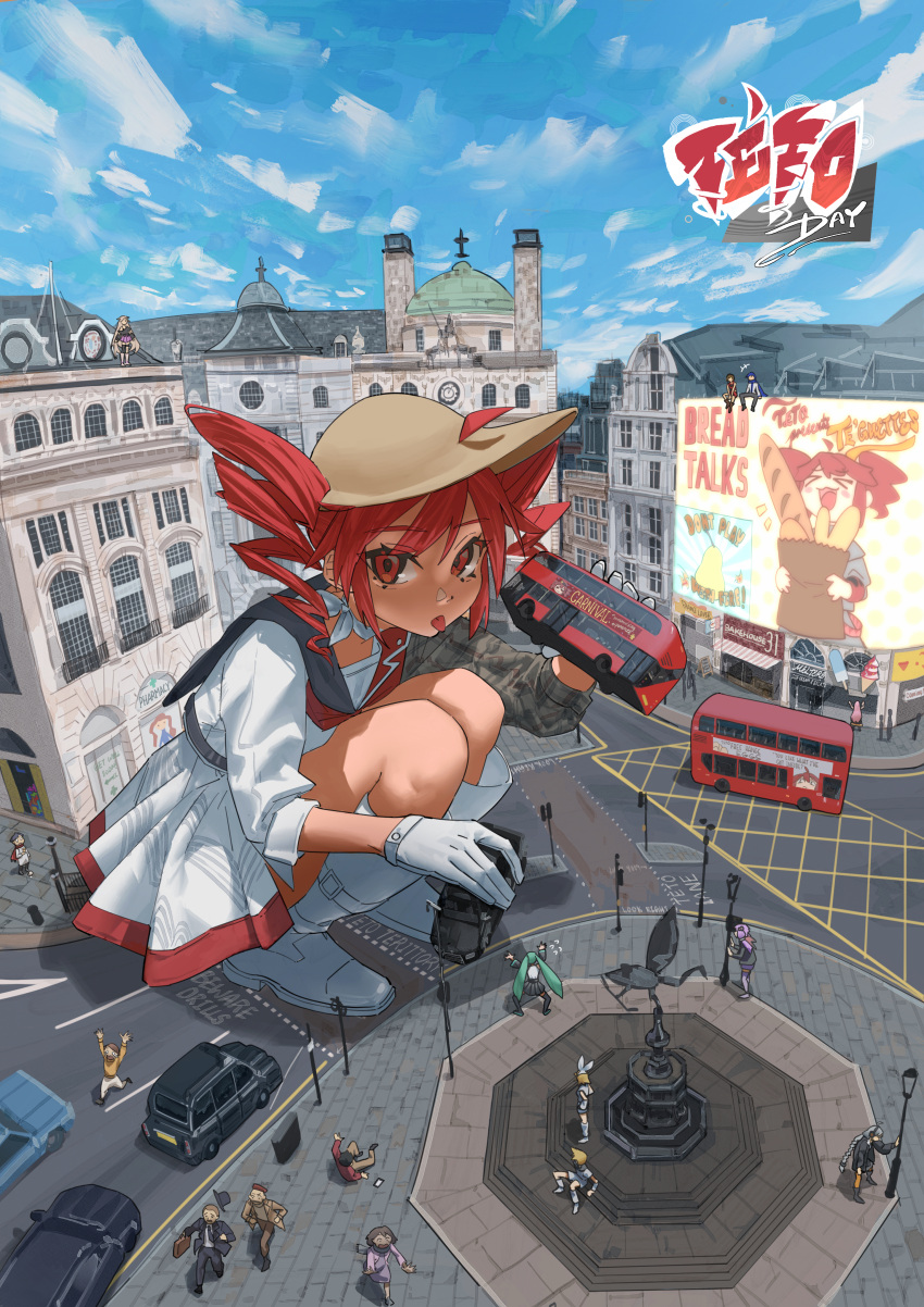 6+boys, 6+girls, absurdres, ahoge, baguette, bennopi, billboard, boots