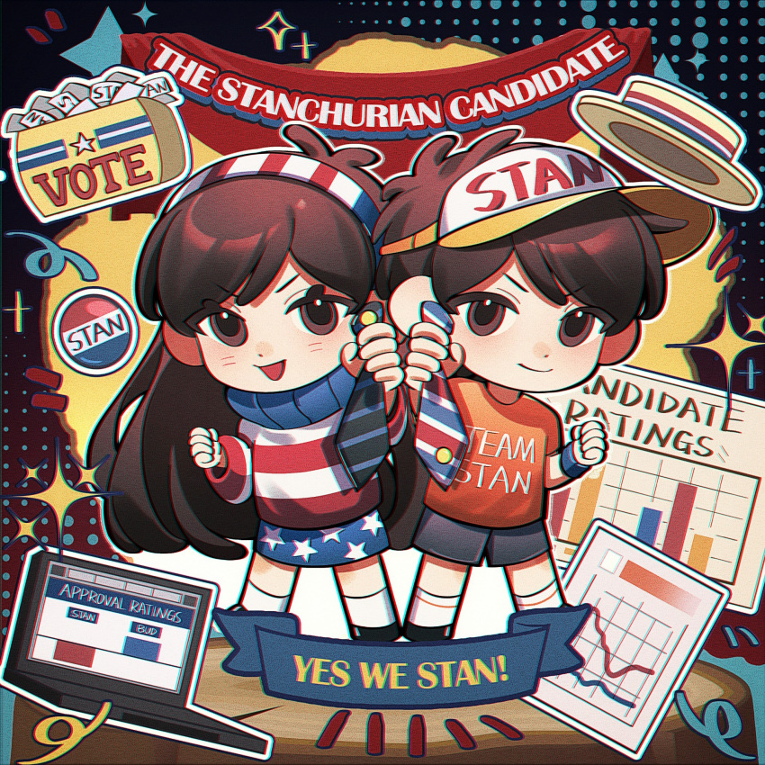 1boy, 1girl, ballot, ballot_box, black_shorts, blue_necktie, blue_skirt, blue_sweater