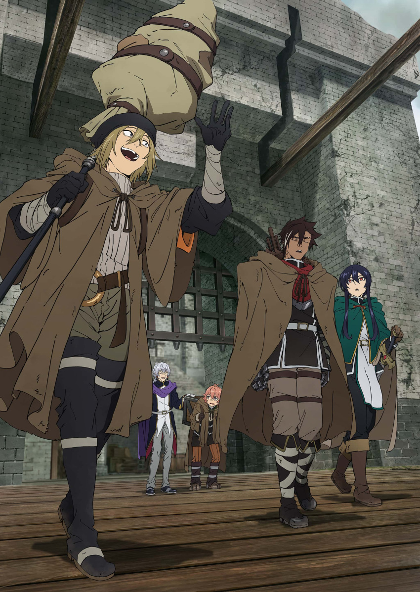 1girl, 4boys, absurdres, belt, blonde_hair, boots, brown_cloak, brown_hair