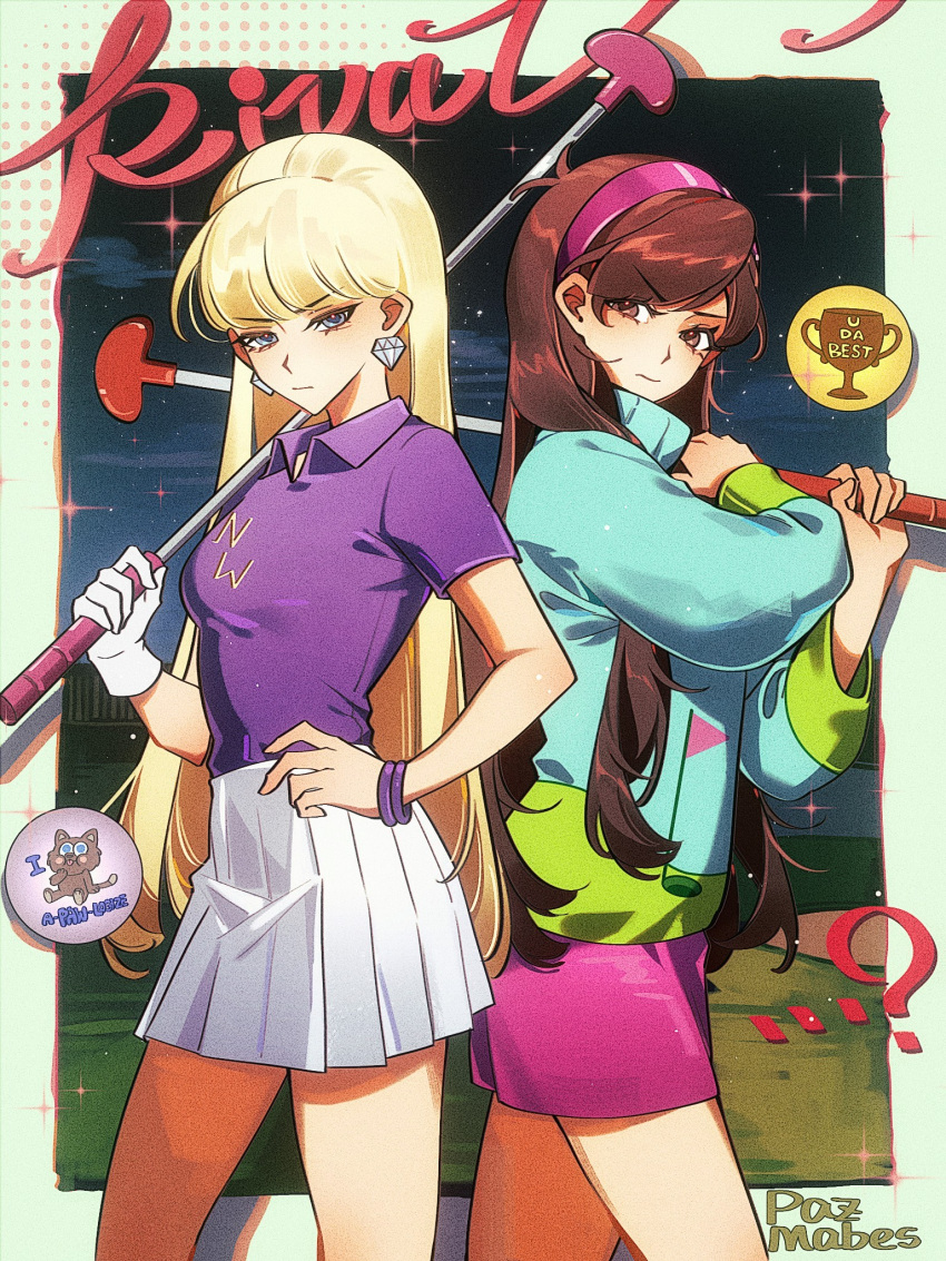 ...?, 2girls, back-to-back, blonde_hair, blue_eyes, blue_sweater, bracelet, brown_eyes