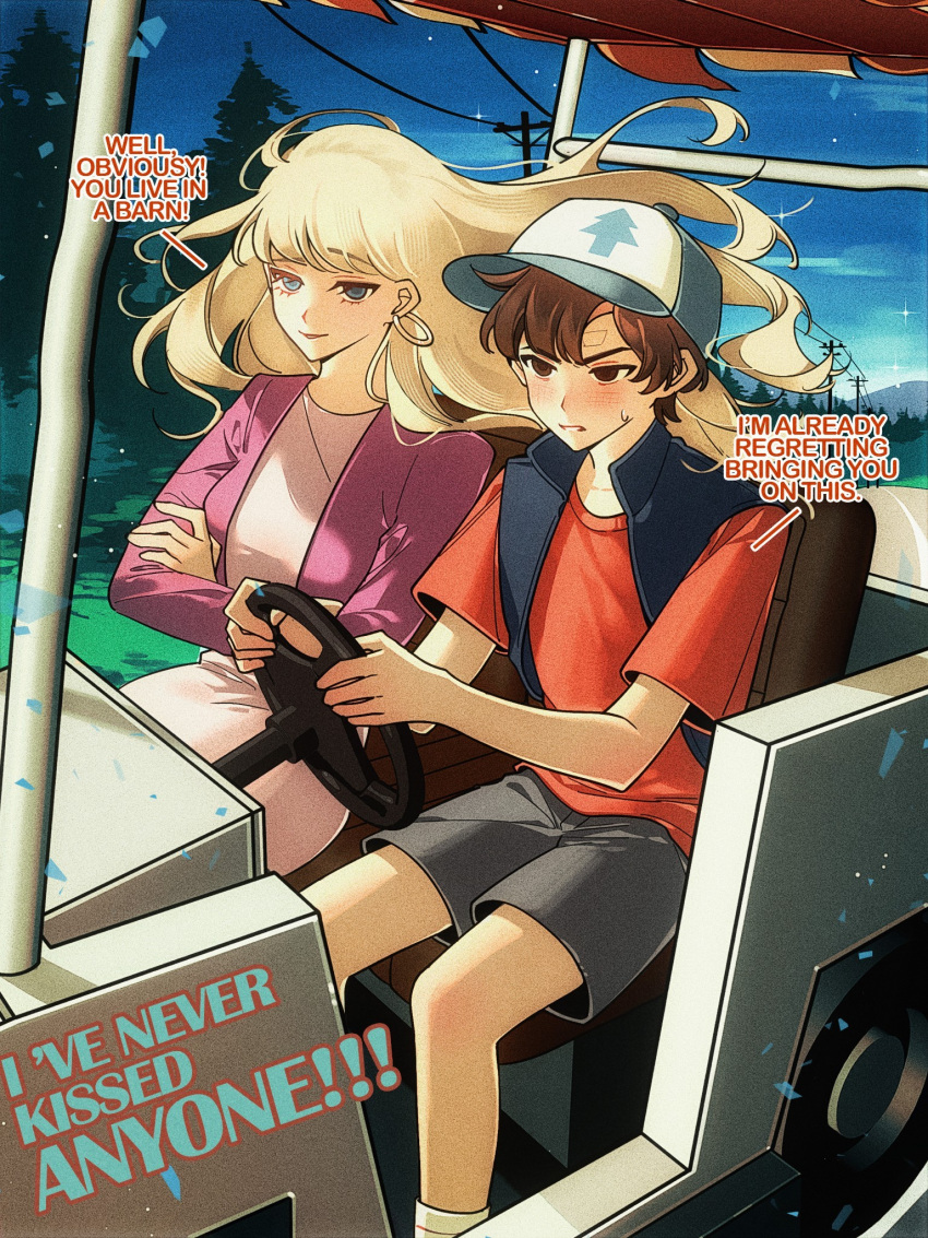 1boy, 1girl, baseball_cap, birthmark, black_shorts, blonde_hair, blue_eyes, blush