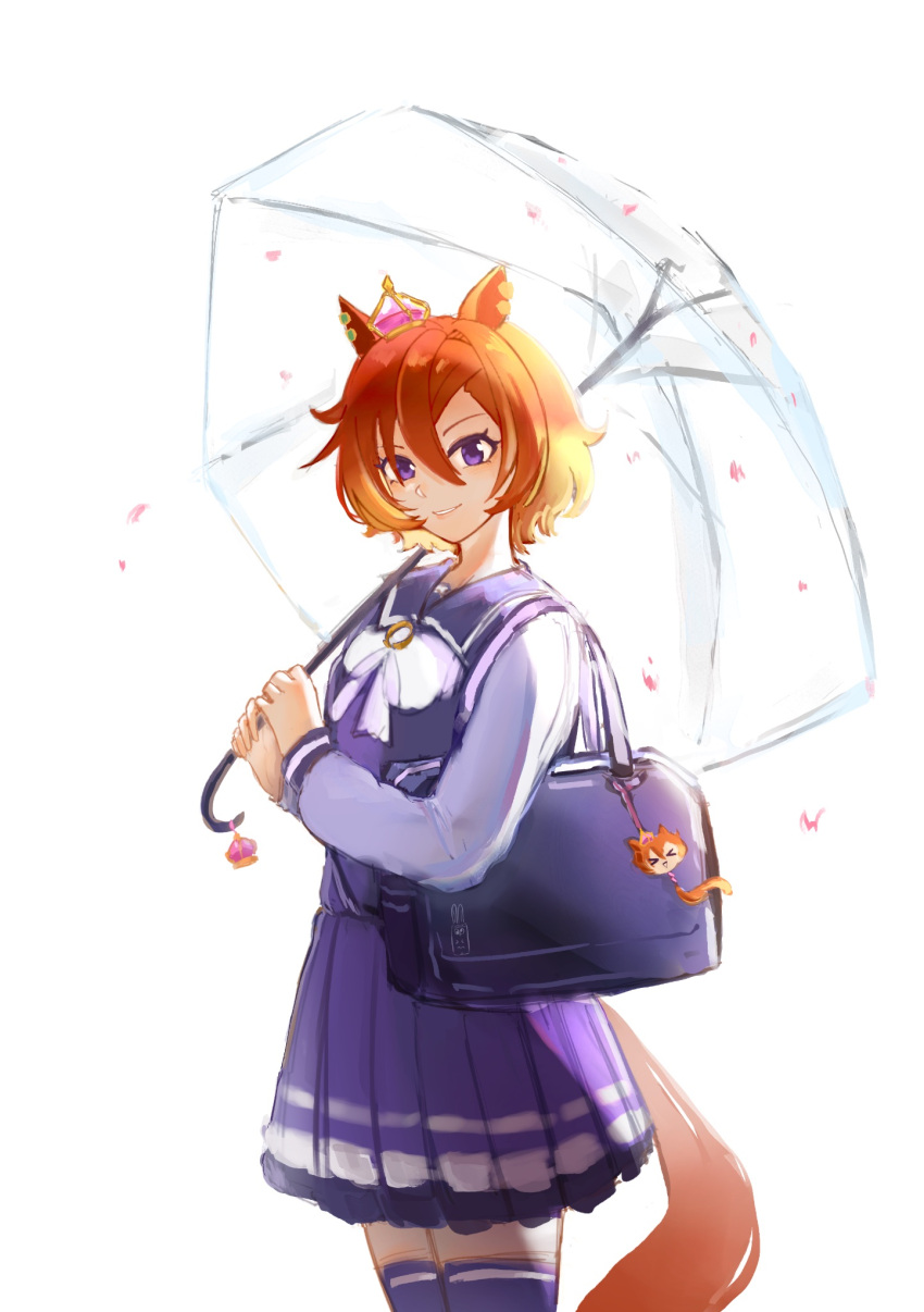 1girl, animal_ears, bag, bag_charm, blush, bow, bowtie, breasts, character_charm, charm_(object), crown, hair_between_eyes, highres, holding, holding_umbrella, horse_ears, horse_girl, horse_tail, long_sleeves, looking_at_viewer, mini_crown, orange_hair, orange_tail, parted_lips, pink_crown, pleated_skirt, purple_sailor_collar, purple_serafuku, purple_shirt, purple_skirt, purple_thighhighs, s0jusag1, sailor_collar, sailor_shirt, school_uniform, serafuku, shirt, short_hair, shoulder_bag, skirt, smile, solo, t.m._opera_o_(umamusume), tail, thigh-highs, tracen_school_uniform, umamusume, umbrella, violet_eyes, white_bow, white_bowtie