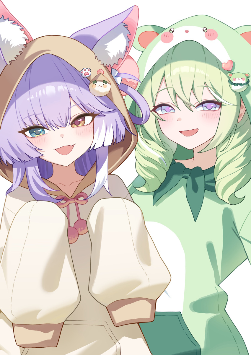 2girls, absurdres, animal_ear_fluff, animal_ear_hood, animal_ears, blue_eyes, blush, brown_hoodie