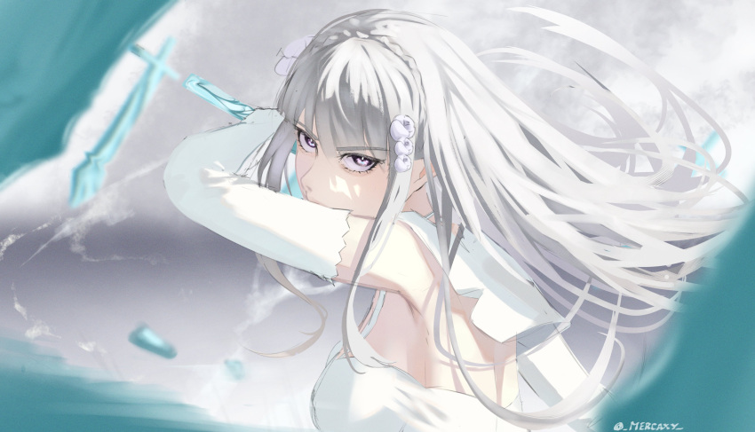 1girl, absurdres, braid, breasts, close-up, clouds, cloudy_sky, commentary