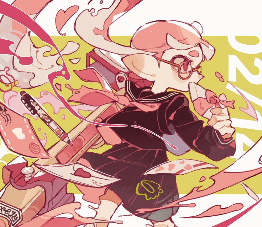 1girl, black_skirt, chinese_commentary, commentary_request, dated, envelope, floating_hair, glasses, heart_seal, highres, holding, holding_weapon, ink, inkling, inkling_girl, inkling_player_character, long_hair, looking_ahead, p0m4_p0m4, paint, pen, pink_eyes, pink_hair, pleated_skirt, pointy_ears, sailor_collar, sailor_shirt, shirt, short_eyebrows, skirt, snipewriter_(splatoon), solo, splatoon_(series), standing, tentacle_hair, thick_eyebrows, weapon