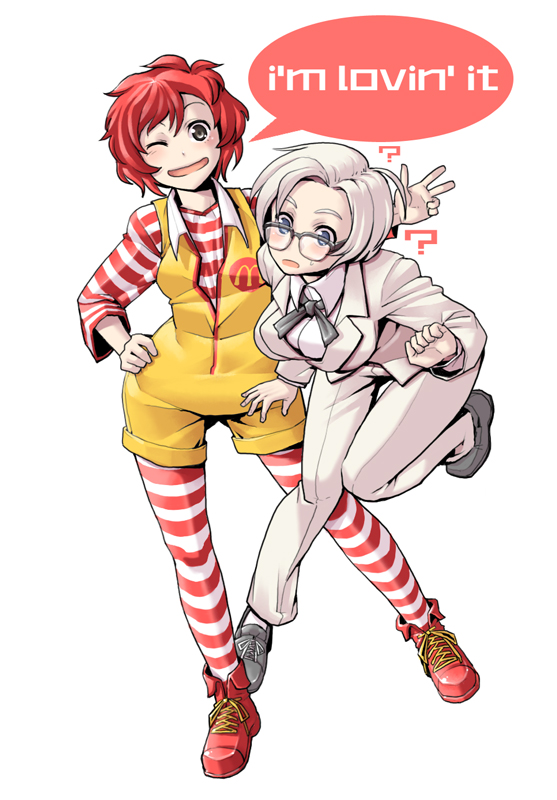 ?, aosode, blue_eyes, blush, breasts, colonel_sanders, english, formal, genderswap, glasses, hand_on_hip, kfc, kfc_(company), leg_up, mcdonald's, mcdonald's, multiple_girls, open_mouth, pantyhose, red_hair, redhead, ronald_mcdonald, simple_background, speech_bubble, string_tie, striped, striped_legwear, suit, sweatdrop, v, white_hair, wink