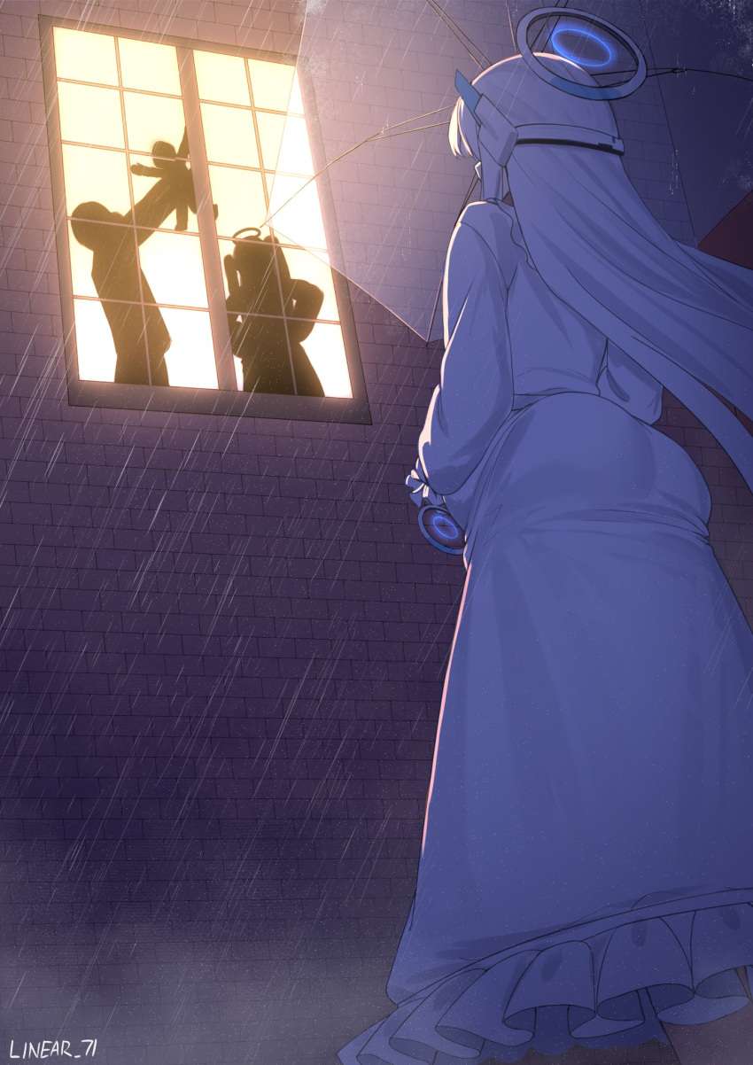 1boy, 3girls, artist_name, blue_archive, breasts, commentary, dress, english_commentary