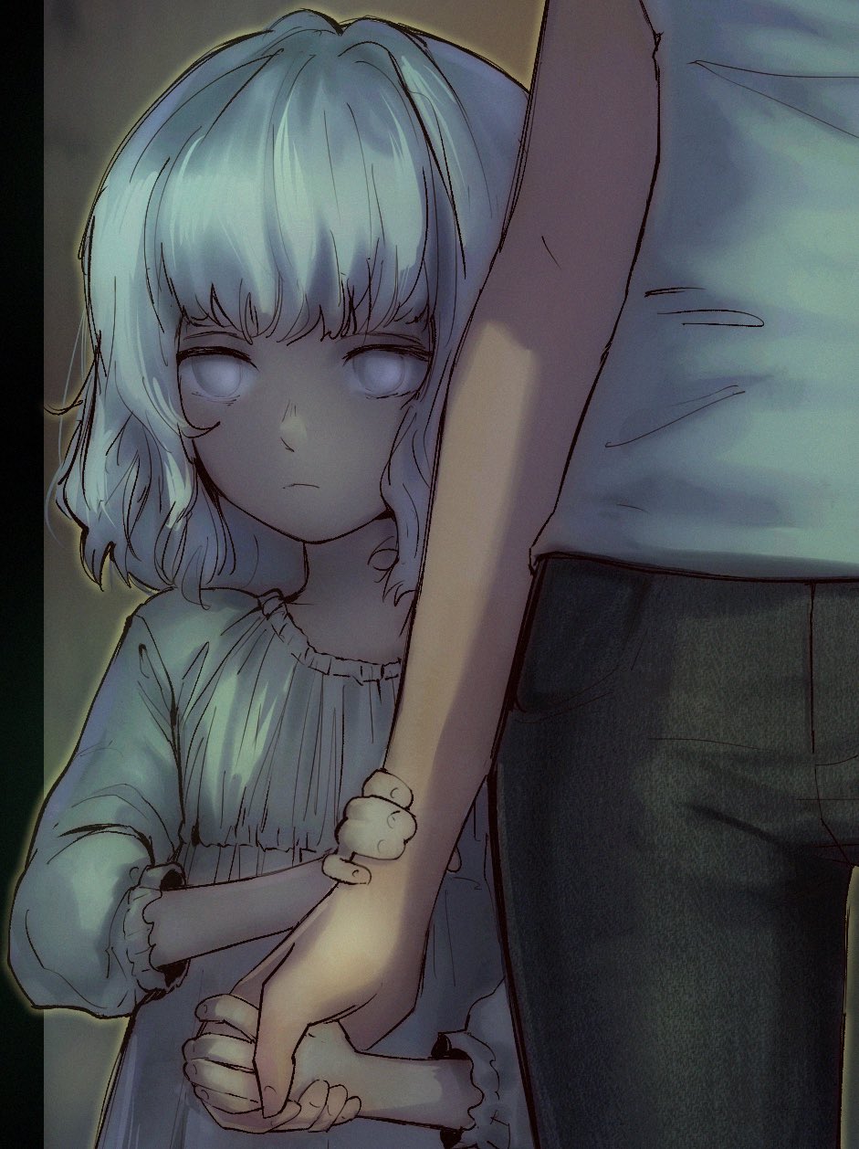 2girls, blind_eye, child, commentary, denim, dress, emily_(resident_evil), english_commentary