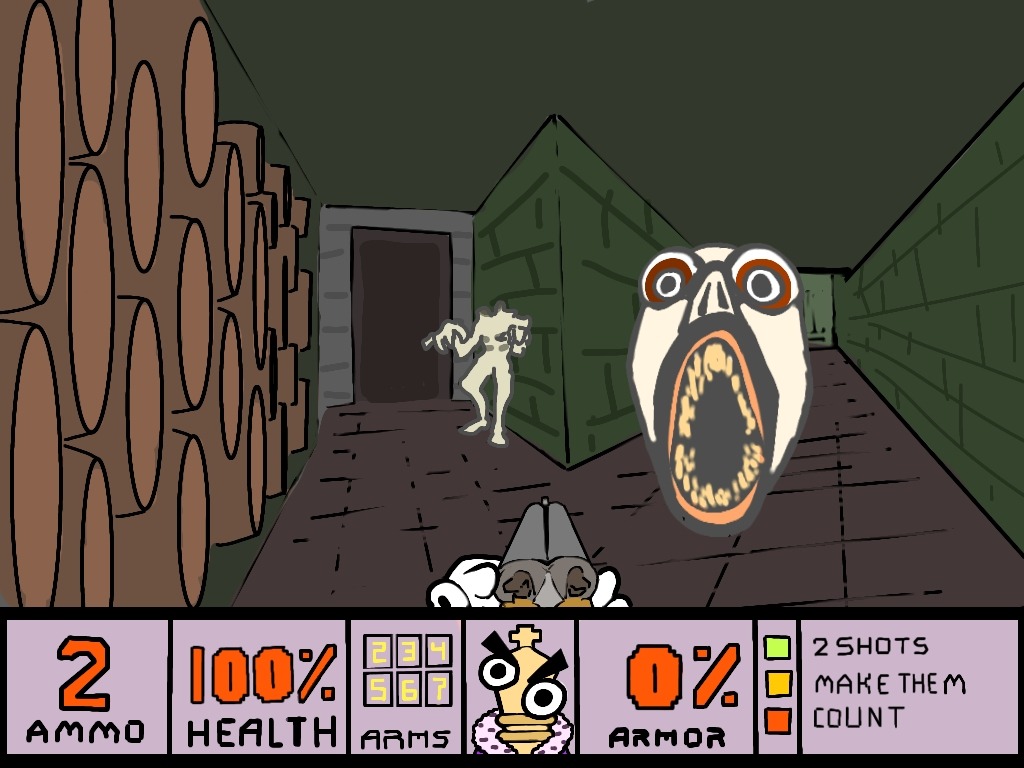 >:(, 1boy, angel_(the_amazing_digital_circus), angry, barrel, brick_wall, commentary, doom_(series)