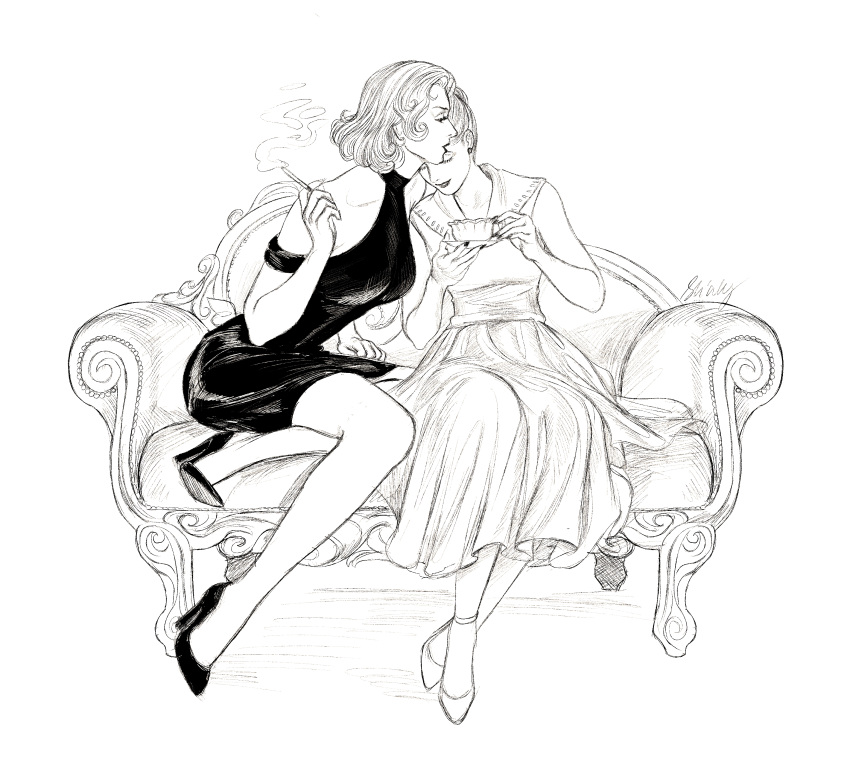 2girls, absurdres, beth_(veil), cigarette, closed_eyes, commentary, cup, dress