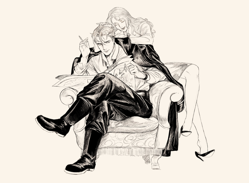 1boy, 1girl, absurdres, alexander_(veil), boots, cigarette, closed_eyes, coat