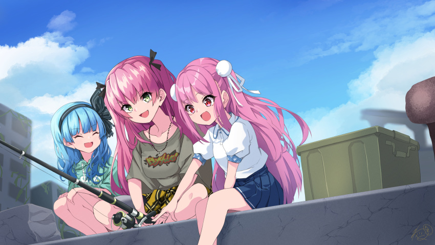 3girls, :d, ^_^, aikawa_megumi, akagi_rumi, alternate_costume, amai_nekuta, aqua_hoodie, black_bow, black_hairband, black_ribbon, blue_hair, blue_skirt, blue_sky, blunt_bangs, bow, breasts, bun_cover, casual, closed_eyes, clothes_around_waist, clothes_writing, clouds, collarbone, collared_shirt, commentary, day, double_bun, eyes_visible_through_hair, facing_another, feet_out_of_frame, fishing, fishing_rod, green_eyes, hair_between_eyes, hair_bow, hair_bun, hair_ribbon, hairband, happy, heaven_burns_red, highres, holding, holding_fishing_rod, hood, hood_down, hoodie, indian_style, jewelry, kunimi_tama, leaning_forward, long_hair, looking_down, medium_breasts, medium_hair, miniskirt, multiple_girls, necklace, open_mouth, outdoors, pink_hair, pleated_skirt, puffy_short_sleeves, puffy_sleeves, red_eyes, ribbon, shirt, short_sleeves, sidelocks, signature, sitting, skirt, sky, smile, squatting, two_side_up, very_long_hair, white_ribbon, white_shirt