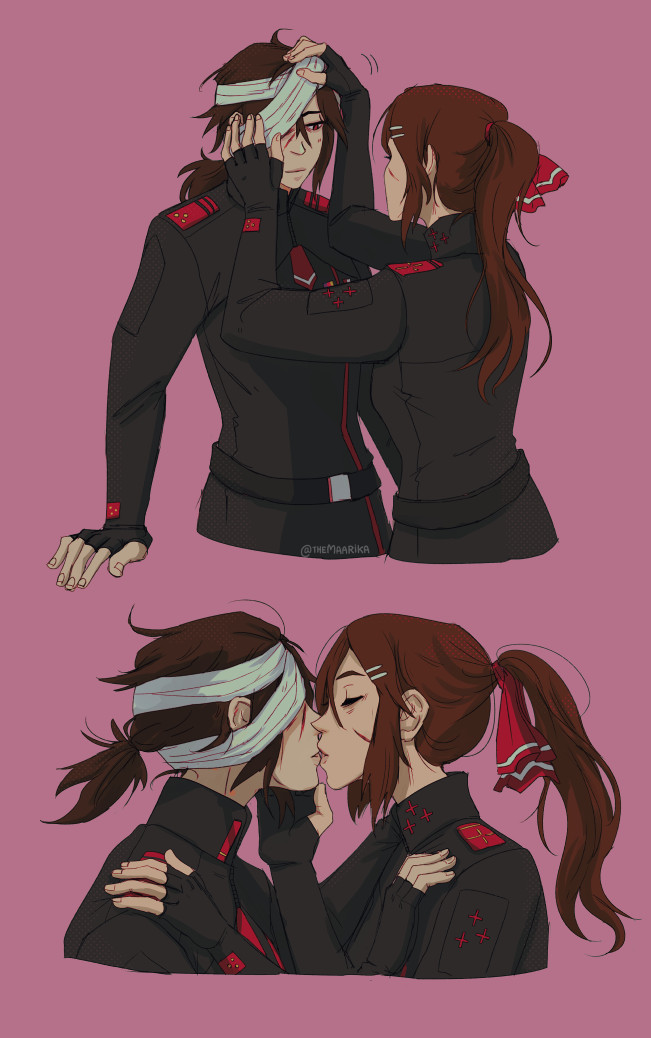 2girls, alina_seo, applying_bandages, artist_name, bandaged_head, bandages, black_gloves, black_jacket