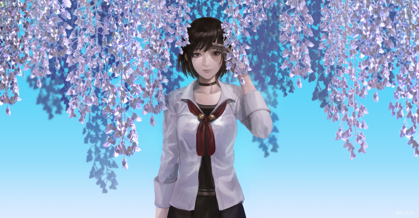 1girl, black_choker, black_skirt, brown_eyes, brown_hair, choker, closed_mouth, collarbone