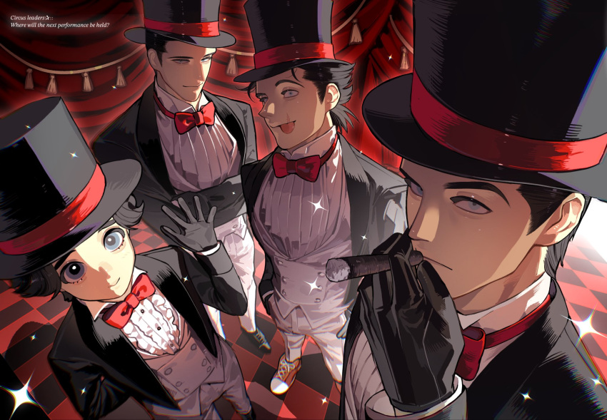 4boys, black_gloves, black_hair, black_hat, black_jacket, blue_eyes, bow, bowtie