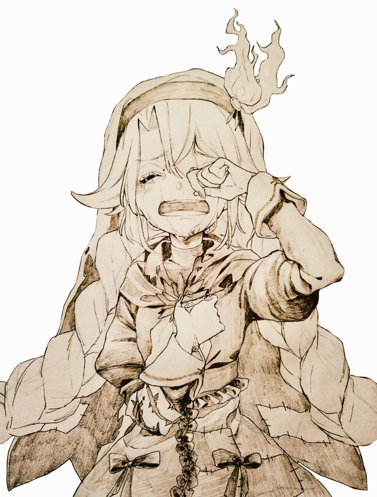 1girl, braid, capelet, chaos_match_girl_(grimms_notes), commentary_request, cowboy_shot, crying, facing_viewer, frills, grimms_notes, hands_up, juliet_sleeves, long_sleeves, monochrome, open_mouth, parted_bangs, patchwork_clothes, puffy_sleeves, ribbon, shino_(5no), simple_background, solo, teeth, tongue, twin_braids, upper_teeth_only, white_background