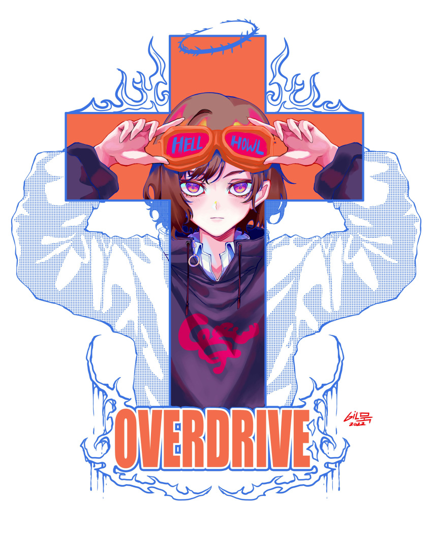 1girl, absurdres, brown_hair, closed_mouth, commentary_request, cross, crown_of_thorns, gilmuk
