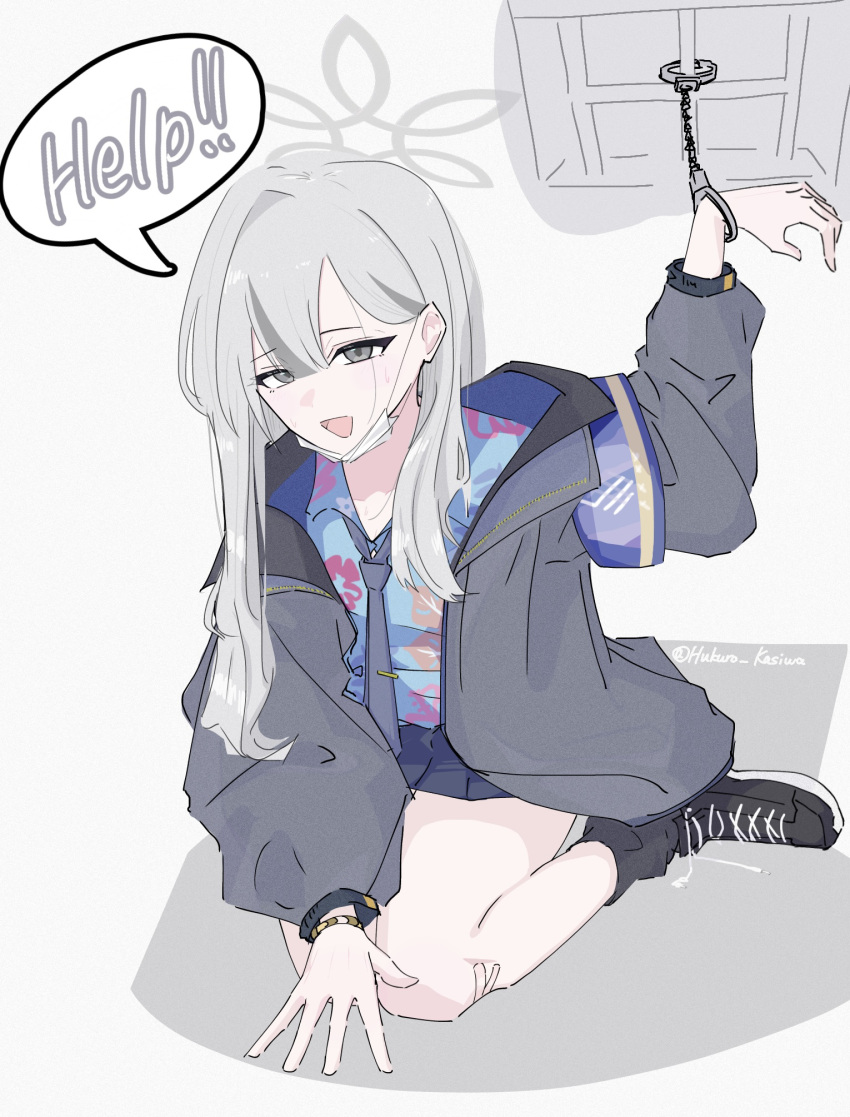 blue_archive, commentary_request, cuffs, grey_eyes, grey_hair, grey_halo, halo, handcuffs