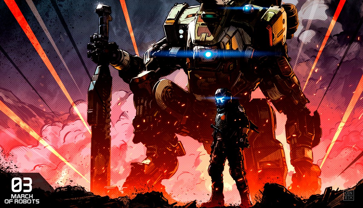 1boy, assault_visor, blue_eyes, blue_visor, broadsword_(titanfall_2), bt-7274, commentary, embers