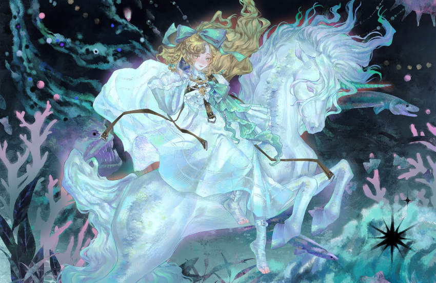 1girl, absurdres, aqua_bow, aqua_eyes, bandaged_foot, bandaged_hand, bandages, blonde_hair
