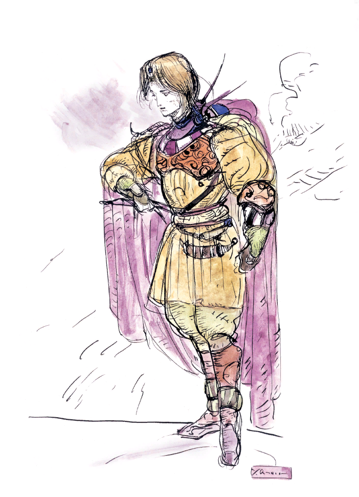 1boy, amano_yoshitaka, blonde_hair, boots, cape, clenched_hand, final_fantasy, final_fantasy_ii