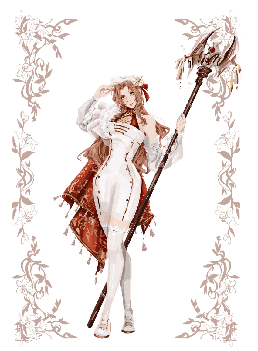 1girl, absurdres, adjusting_clothes, adjusting_headwear, aerith_gainsborough, artist_name, beret, boots, breasts, brown_hair, buttons, closed_mouth, commentary, detached_sleeves, double-breasted, dress, english_commentary, final_fantasy, final_fantasy_vii, final_fantasy_vii:_ever_crisis, flower, full_body, green_eyes, hair_ribbon, halter_dress, halterneck, hat, highres, holding, holding_staff, light_smile, lily_(flower), long_hair, long_sleeves, looking_at_viewer, medium_breasts, official_alternate_costume, parted_bangs, puffy_long_sleeves, puffy_sleeves, red_ribbon, ribbon, shanlieart, short_dress, sidelocks, single_bare_shoulder, solo, staff, thigh_boots, wavy_hair, white_background, white_boots, white_dress, white_fur, white_hat, white_sleeves, zettai_ryouiki