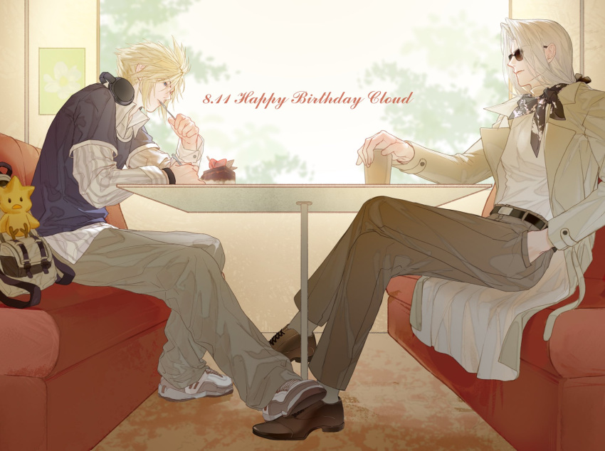 2boys, alternate_costume, belt, black_belt, blonde_hair, blue_shirt, brown_shoes, cake