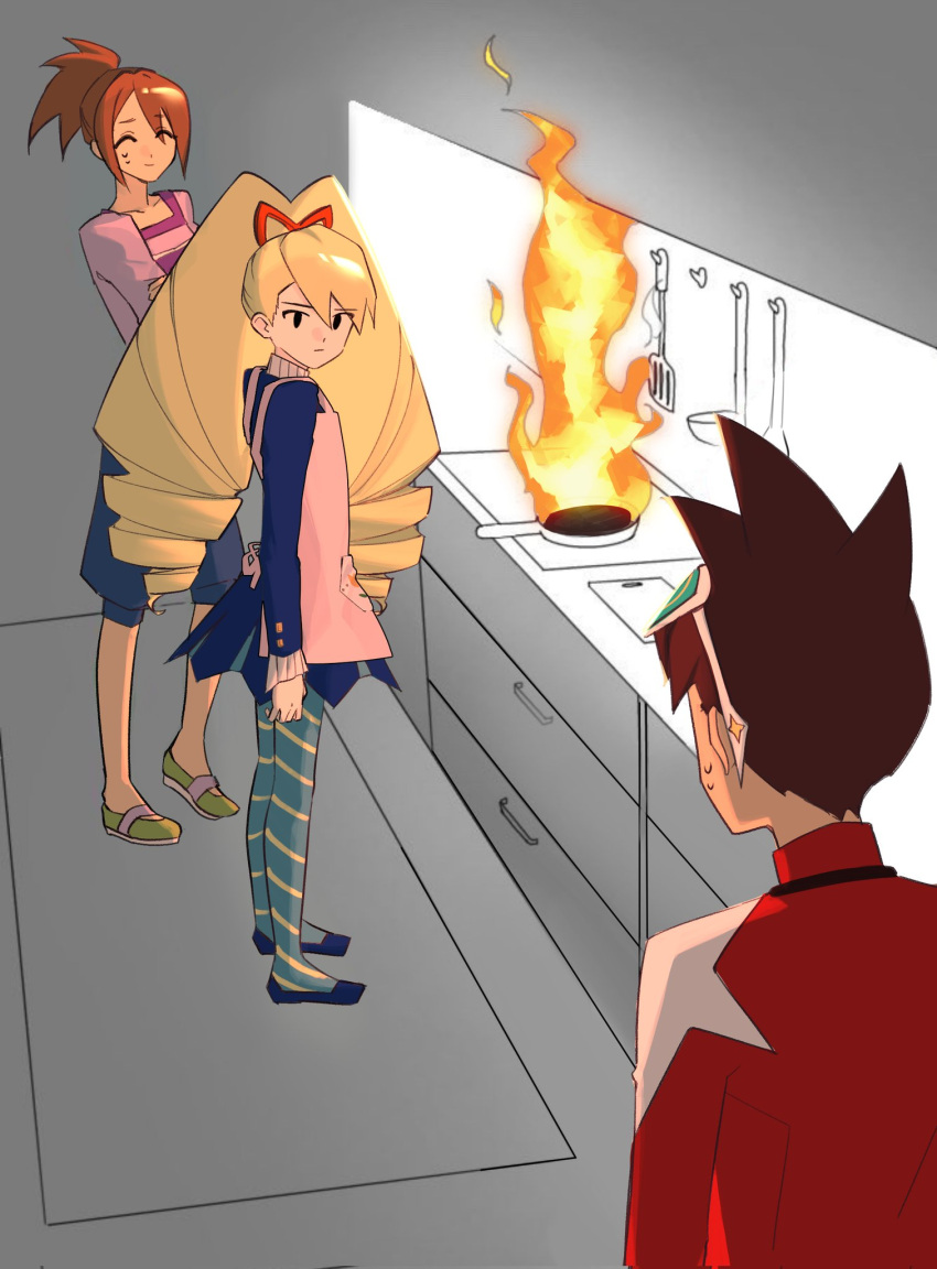 1boy, 2girls, apron, black_eyes, blonde_hair, blue_dress, blue_shoes, brown_hair